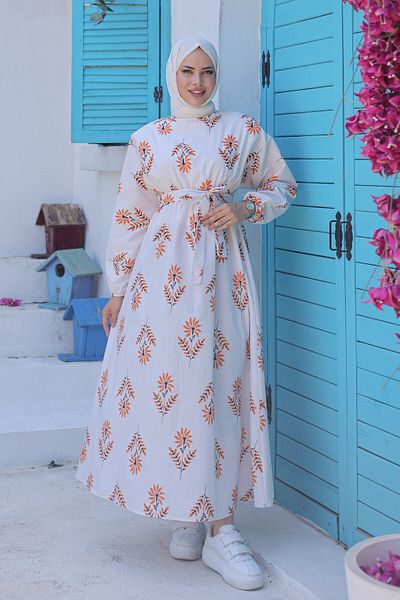 MEMETTİ Rochie lungă, albă, hijab, cu model de flori portocalii