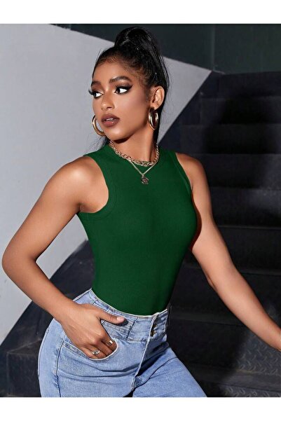 LES OUT Green Corded Women's Athlete - Crew Neck, Wide Shoulder, Zero Sleeve