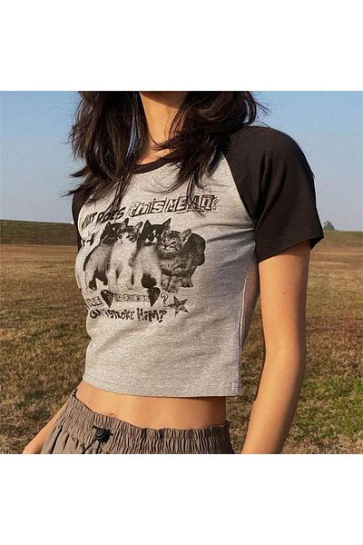 Köstebek Γκρι Μαύρο μανίκι Λεπτομέρεια Friend Cats Half Tshirt