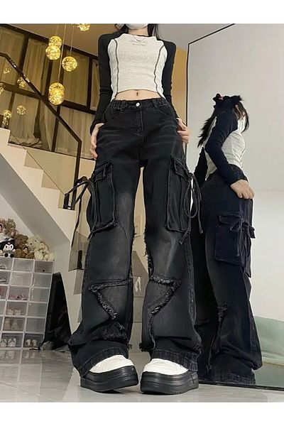 Köstebek Φαρδύ μαύρο τζιν με μοτίβο Cargo Pocket Star