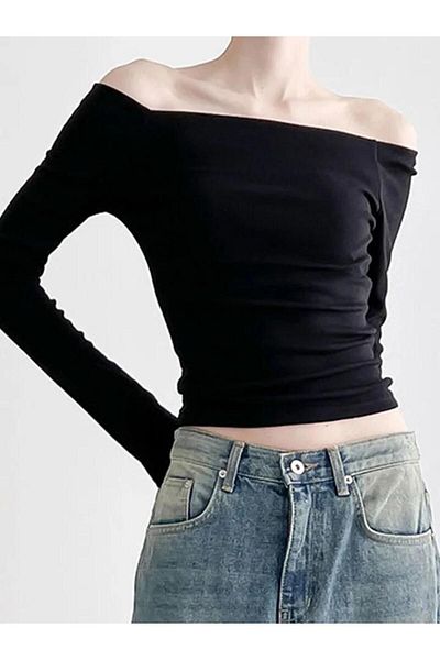 Köstebek Body negru cu mânecă lungă cu guler de bază