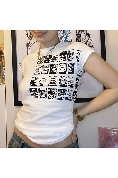 Köstebek Λευκό μισό μπλουζάκι Harajuku Fashion Maniacal Faces