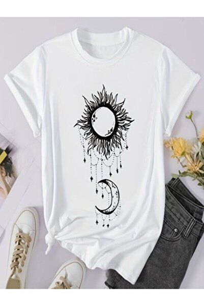 CLASSY.MODA تي شيرت نسائي من جيرسي واحد - تي شيرت أبيض مطبوع كبير الحجم بياقة...