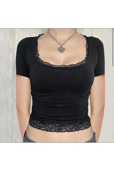 Köstebek Body de bază negru - guler pătrat din dantelă, mânecă scurtă