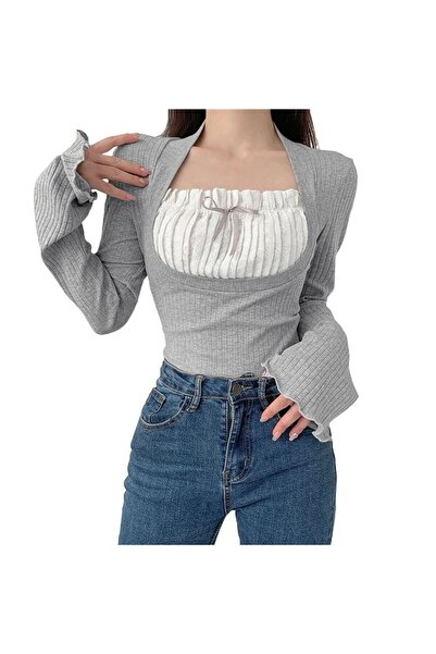 Köstebek Vintage δαντέλα με λεπτομέρεια γκρι μακρυμάνικη μπλούζα