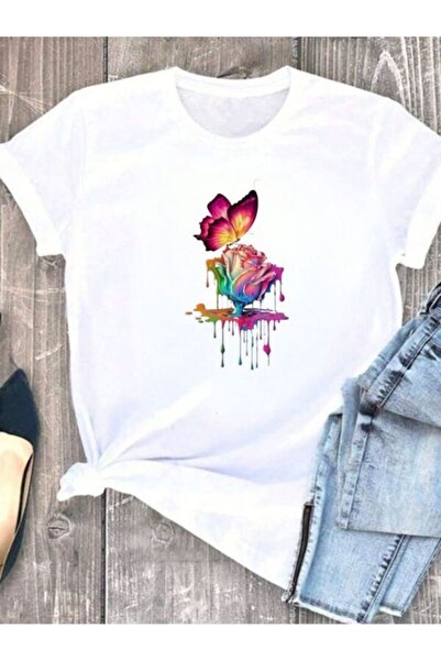 CLASSY.MODA تي شيرت نسائي من جيرسي واحد - تي شيرت أبيض مطبوع كبير الحجم بياقة...