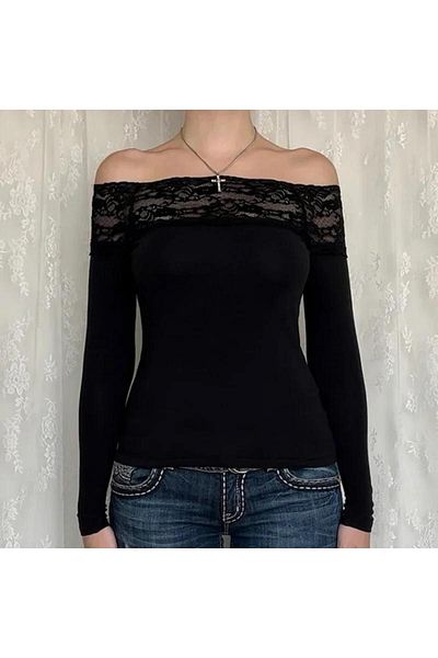 Köstebek Vintage Lace Boat Neck Black Blouse