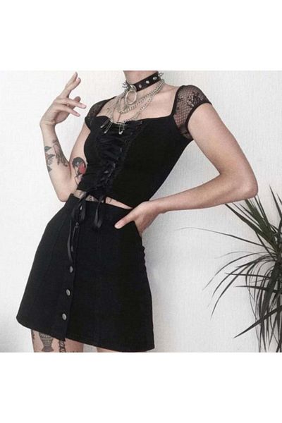 Köstebek Dámské tričko Harajuku Fashion Gothic Detailed Lace Black