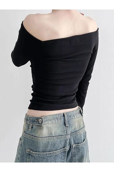 Köstebek Body negru cu mânecă lungă cu guler de bază