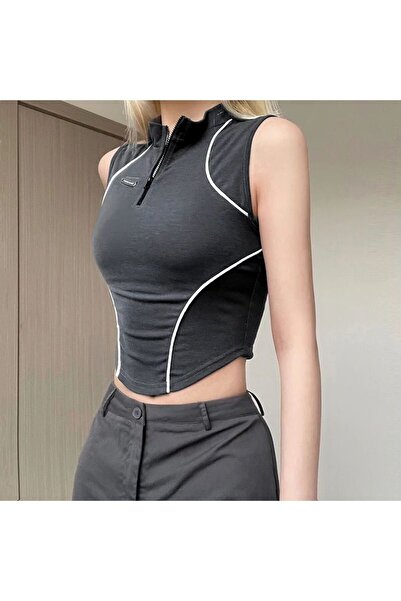 Köstebek Smoked Half-Throat Zipper Detailed Strappy Crop