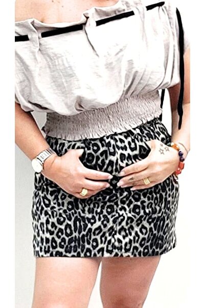 Leopar Desen Denim Kumaş Mini Etek