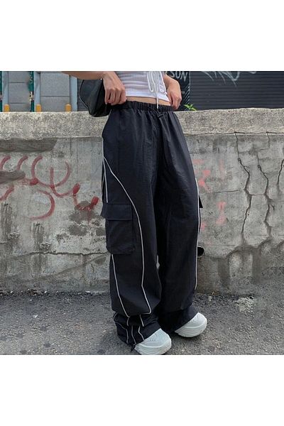 Köstebek Ars Line Detail Baggy Parachute Fabric Comfortable Black Trousers