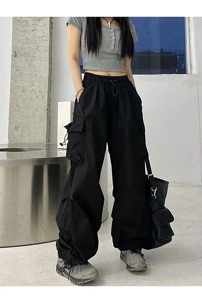 Köstebek Y2k Multi-Pocket Wide Fit Parachute Black Trousers