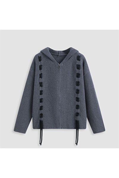 Köstebek Smoked Knitwear Cardigan with Stripe Lace-up Zipper and Hood Detail
