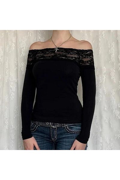 Köstebek Vintage Lace Boat Neck Black Blouse
