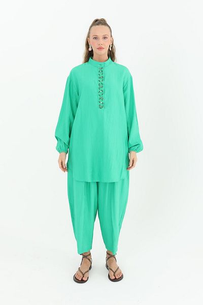 Puane Bead and Seashell Embroidered Collared Baggy Trousers Set - 14230
