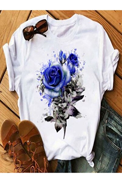 CLASSY.MODA تي شيرت نسائي من جيرسي واحد - تي شيرت أبيض مطبوع كبير الحجم بياقة...