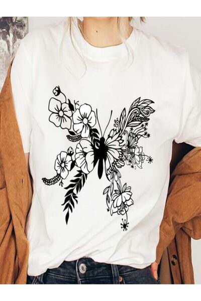 CLASSY.MODA تي شيرت نسائي من جيرسي واحد - تي شيرت أبيض مطبوع كبير الحجم بياقة...