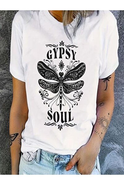 CLASSY.MODA تي شيرت نسائي من جيرسي واحد - تي شيرت أبيض مطبوع كبير الحجم بياقة...