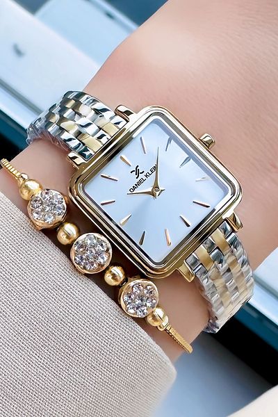 Daniel Klein 3 Atm Waterproof Gold Silver Women's Wristwatch - Steel Cord Bracelet Gift DKBY2014C2