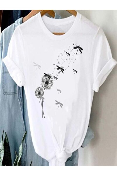 CLASSY.MODA تي شيرت نسائي من جيرسي واحد - تي شيرت أبيض مطبوع كبير الحجم بياقة...