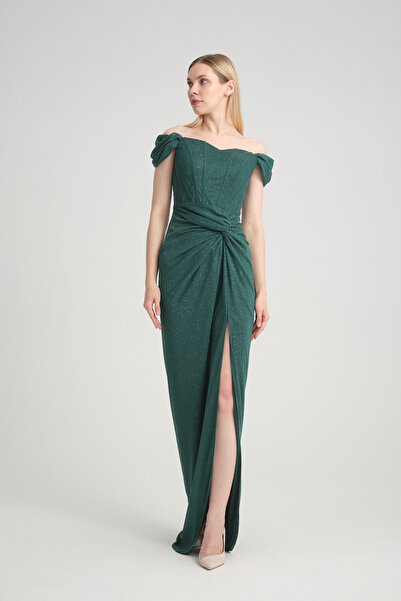 meksila kadın straptes kayık yakalı balenli korse detaylı uzun yırtmaçlı simli astarlı nişan davet abiye