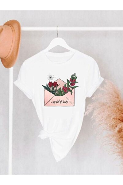 CLASSY.MODA تي شيرت نسائي من جيرسي واحد - تي شيرت أبيض مطبوع كبير الحجم بياقة...