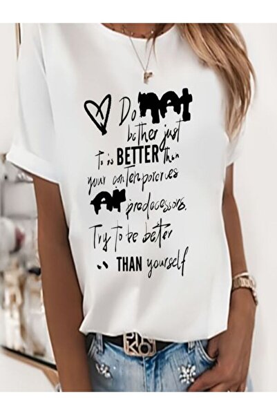 CLASSY.MODA تي شيرت نسائي من جيرسي واحد - تي شيرت أبيض مطبوع كبير الحجم بياقة...