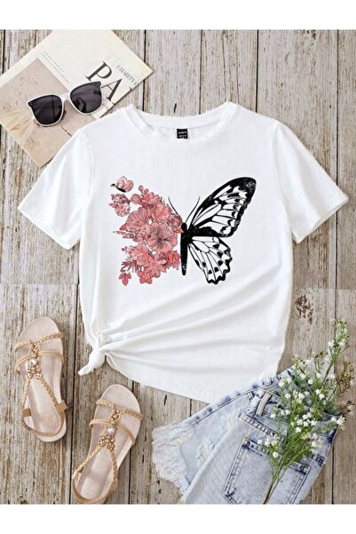 CLASSY.MODA تي شيرت نسائي من جيرسي واحد - تي شيرت أبيض مطبوع كبير الحجم بياقة...