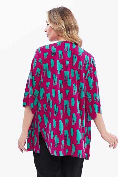 Seamoda Μπουφάν Comfort από βισκόζη με ροζ πράσινο σχέδιο - Plus Size, μανίκια με σχισμή