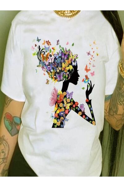 CLASSY.MODA تي شيرت نسائي من جيرسي واحد - تي شيرت أبيض مطبوع كبير الحجم بياقة...