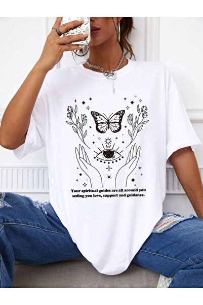 CLASSY.MODA تي شيرت نسائي من جيرسي واحد - تي شيرت أبيض مطبوع كبير الحجم بياقة...