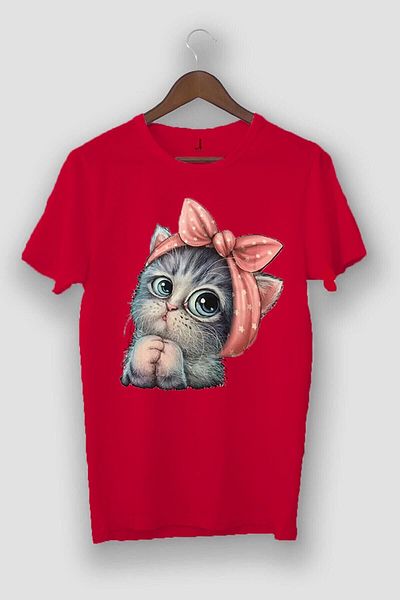 EFFRENATU Oversize Unisex Red Cute Little Cat Printed T-Shirt