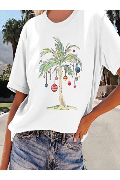 CLASSY.MODA تي شيرت نسائي من جيرسي واحد - تي شيرت أبيض مطبوع كبير الحجم بياقة...