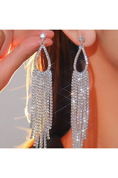 Estilo Lingerie Gümüş Kaplama Su Yolu Damla Model Sallantılı Küpe Gelin Nişan Küpesi Parti Davet Küpesi Abiye Küpe