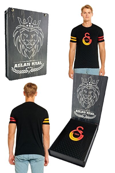 Galatasaray Orijinal Logo Baskılı Siyah T-Shirt Hediyelik Ahşap Kutulu