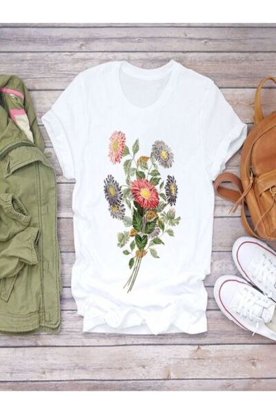 CLASSY.MODA Γυναικείο T-Shirt Single Jersey - Λευκό εμπριμέ μπλουζάκι με κοντ...