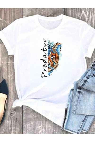 CLASSY.MODA تي شيرت نسائي من جيرسي واحد - تي شيرت أبيض مطبوع كبير الحجم بياقة...