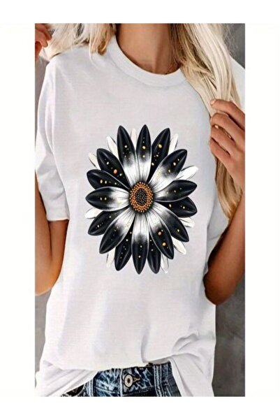 CLASSY.MODA تي شيرت نسائي من جيرسي واحد - تي شيرت أبيض مطبوع كبير الحجم بياقة...