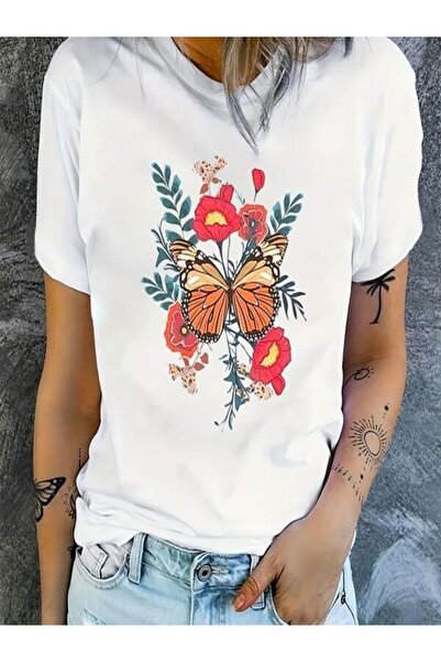 CLASSY.MODA تي شيرت نسائي من جيرسي واحد - تي شيرت أبيض مطبوع كبير الحجم بياقة...