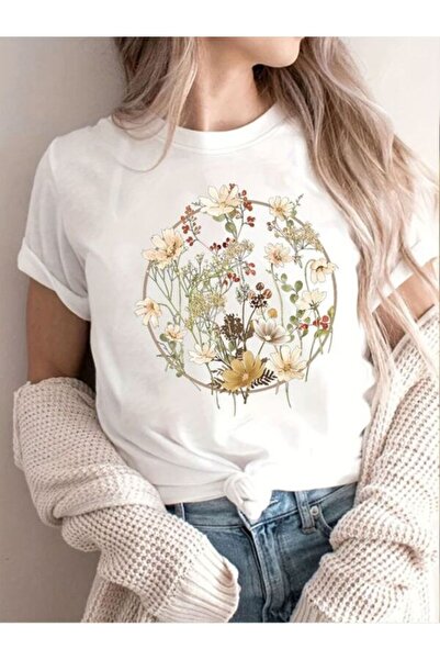 CLASSY.MODA تي شيرت نسائي من جيرسي واحد - تي شيرت أبيض مطبوع كبير الحجم بياقة...