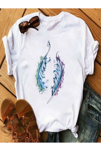 CLASSY.MODA تي شيرت نسائي من جيرسي واحد - تي شيرت أبيض مطبوع كبير الحجم بياقة...