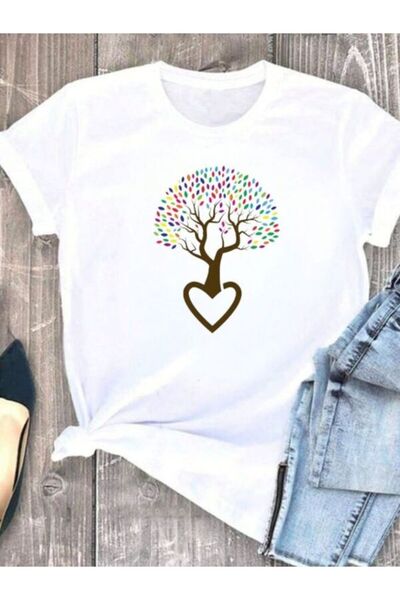 CLASSY.MODA تي شيرت نسائي من جيرسي واحد - تي شيرت أبيض مطبوع كبير الحجم بياقة...