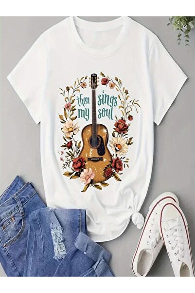 CLASSY.MODA Γυναικείο T-Shirt Single Jersey - Λευκό εμπριμέ μπλουζάκι με κοντό μανίκι με λαιμόκοψη