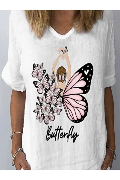 CLASSY.MODA Γυναικείο T-Shirt Single Jersey - Λευκό εμπριμέ μπλουζάκι με κοντό μανίκι με λαιμόκοψη