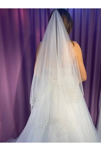 sanem moda طرحة فستان الزفاف 2 شريط حجاب أبيض فاتح مع لؤلؤ 155 سم