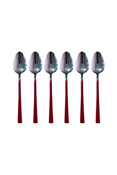 Kitchen Design Lab Parlak Gümüş Kırmızı Tatlı Kaşığı Seti, Kahvaltı Kaşık Seti Kutulu, Paslanmaz Çelik, 6 Adet Gümüş