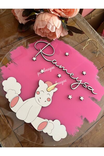 Pembe Ağaç Tasarım Atölyesi Unicorn Şeffaf İsimli Pano Kapı Süsü-isme Özel Bebek Çocuk Genç Kapı Süsü