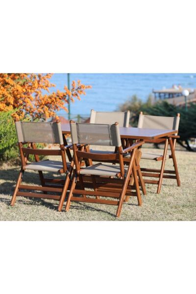 Bahçeme Marmaris Katlanır Ahşap Bahçe Balkon Seti 80x120 Masa, 4 Sandalye