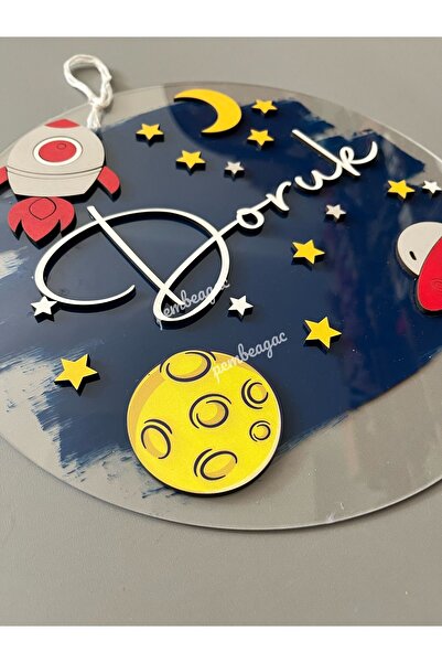 Pembe Ağaç Tasarım Atölyesi Uzay Konsept Şeffaf İsimli Pano Kapı Süsü Roket Ay -isme Özel Bebek Çocuk Genç Kapı Süsü